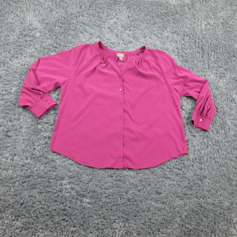 Chicos Blouse Womens 2 Purple Button Front Long Sleeve Pleated Top Modal Blend
